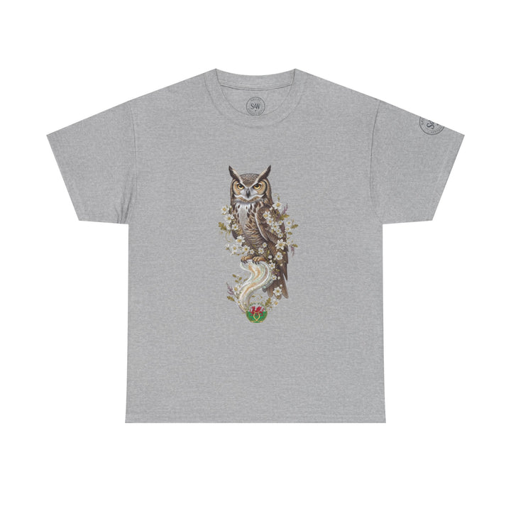 Gray t-shirt by S&amp;W Gallus, displaying an owl and floral design on the front.