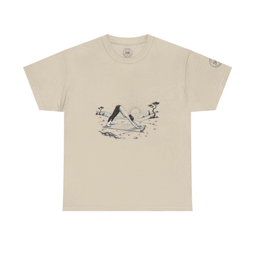Beige T-shirt by S&amp;W Gallus, featuring a graphic of a person in a yoga pose during a beach sunset.