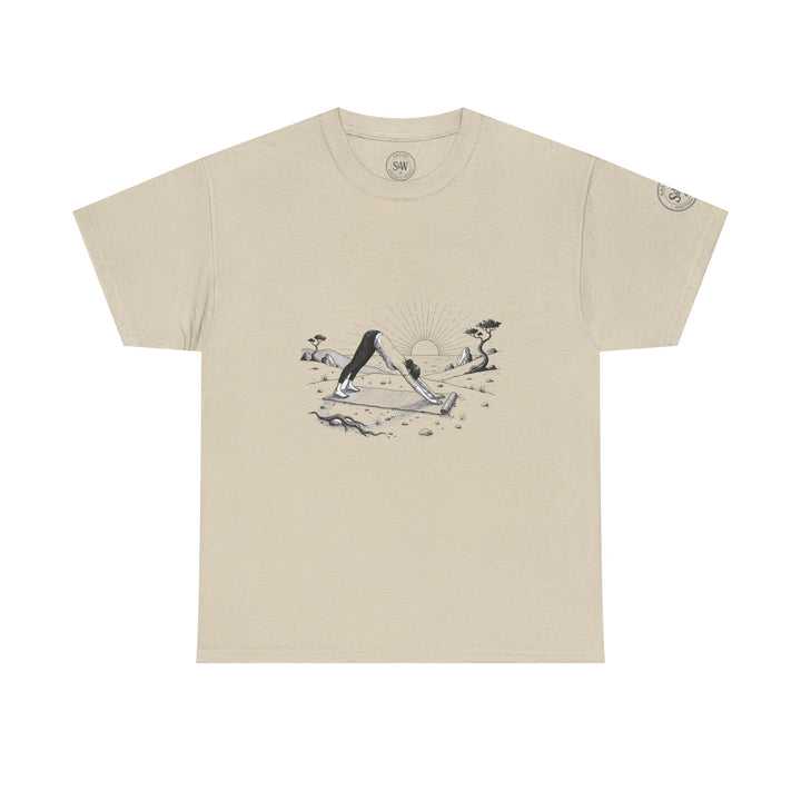 Beige T-shirt by S&amp;W Gallus, featuring a graphic of a person in a yoga pose during a beach sunset.