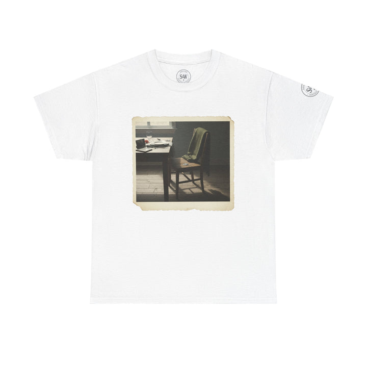 White t-shirt by S&amp;W Gallus featuring a vintage-style photo print of an empty chair and table setting.