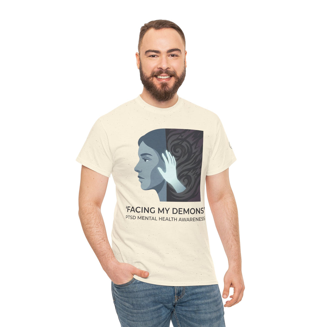 Beige graphic tee by Veteran owned, featuring a mental health design, worn with jeans.