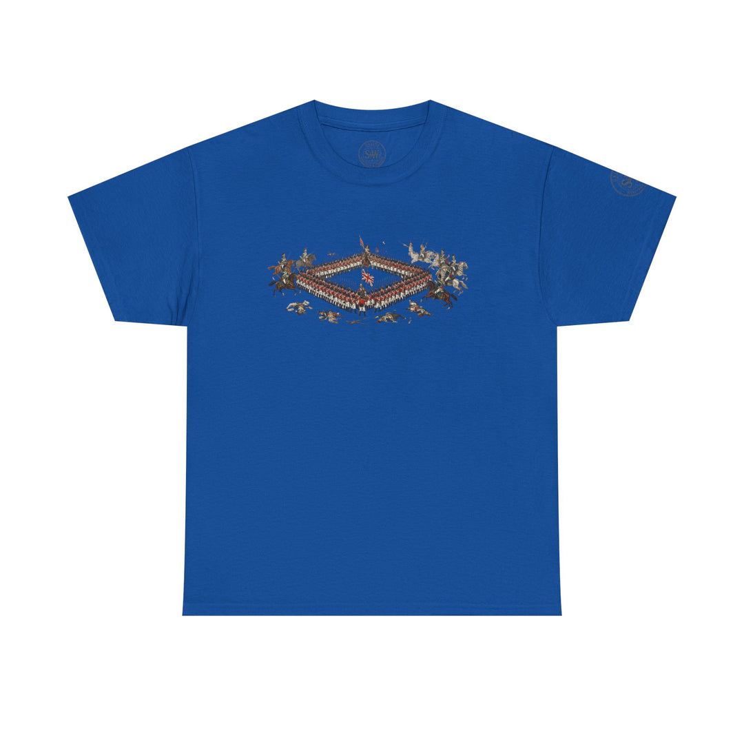 Blue t-shirt by S&amp;W Gallus featuring a detailed graphic of the Battle of Waterloo on the chest.