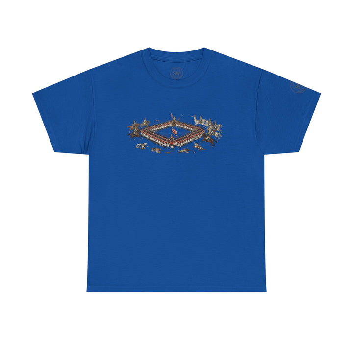 Blue t-shirt by S&amp;W Gallus featuring a detailed graphic of the Battle of Waterloo on the chest.