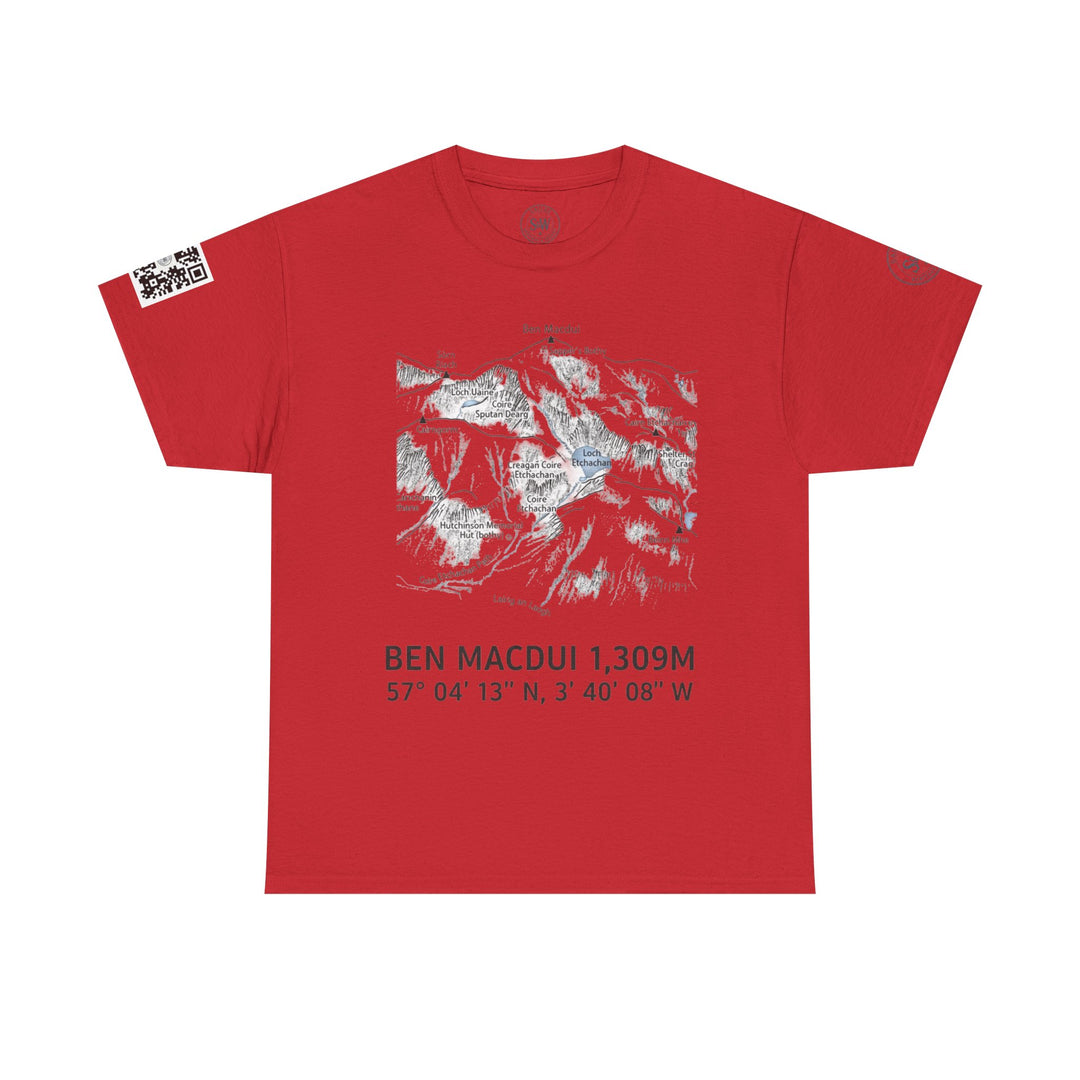 Red Ben Macdui T-Shirt with QR code special edition by S&amp;W Gallus, featuring a map graphic and coordinates, displayed on a hanger.