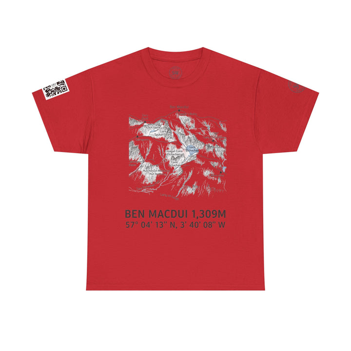 Red Ben Macdui T-Shirt with QR code special edition by S&amp;W Gallus, featuring a map graphic and coordinates, displayed on a hanger.