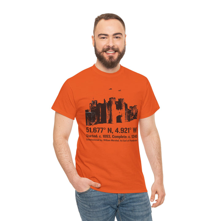 Orange T-shirt by S&amp;W Gallus featuring a castle graphic and coordinates, styled with jeans.