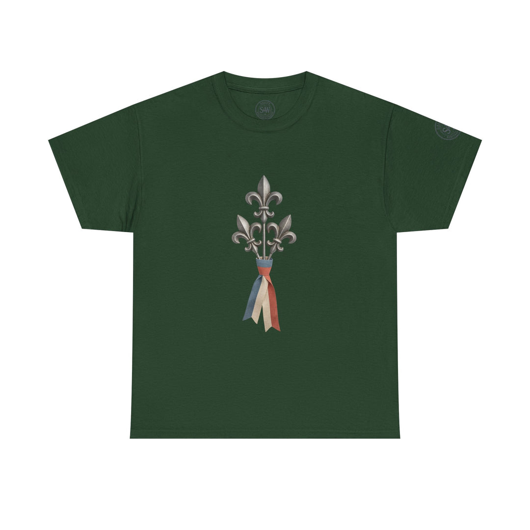 Green French fleur-de-lis t-shirt by S&amp;W Gallus, decorated with silver fleur-de-lis and red, white and blue ribbon.