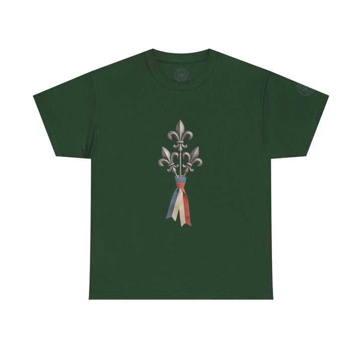 Green French fleur-de-lis t-shirt by S&amp;W Gallus, decorated with silver fleur-de-lis and red, white and blue ribbon.