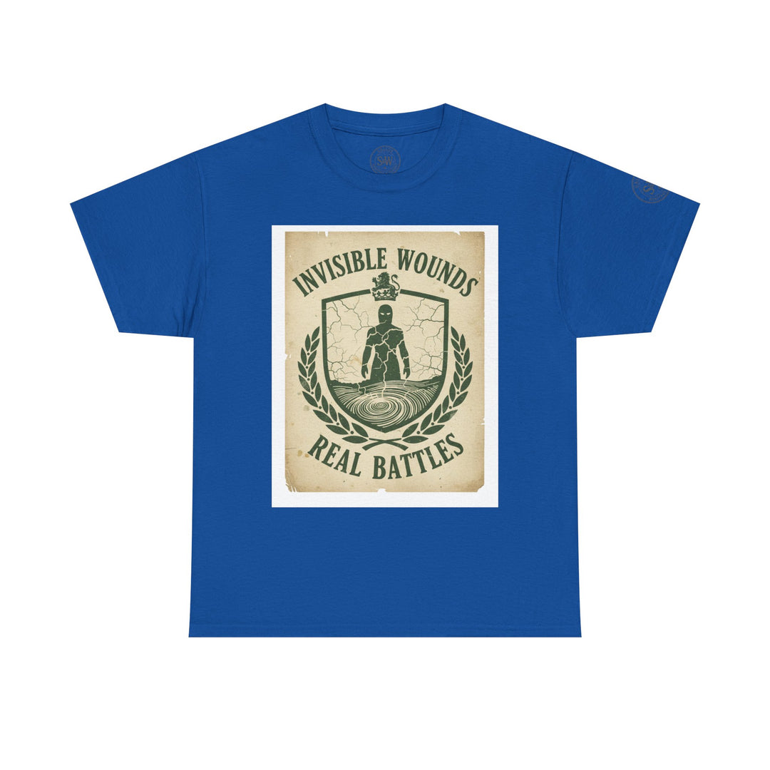 Blue short-sleeve t-shirt by S&amp;W Gallus, featuring a graphic about invisible wounds and mental health on the front.