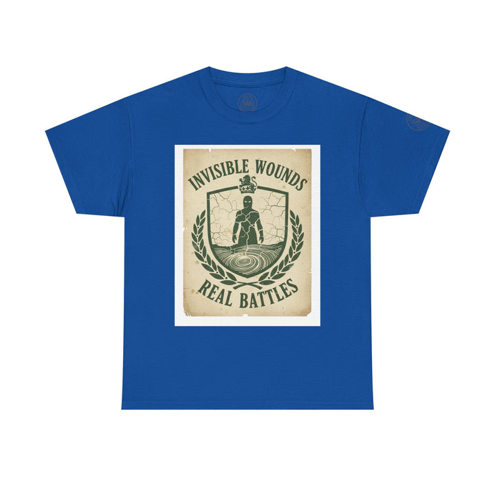 Blue short-sleeve t-shirt by S&amp;W Gallus, featuring a graphic about invisible wounds and mental health on the front.
