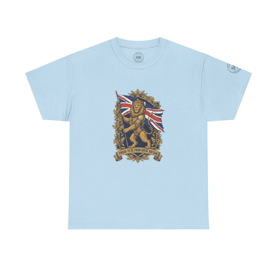Light blue t-shirt by S&amp;W Gallus featuring a British lion crest graphic on the front.
