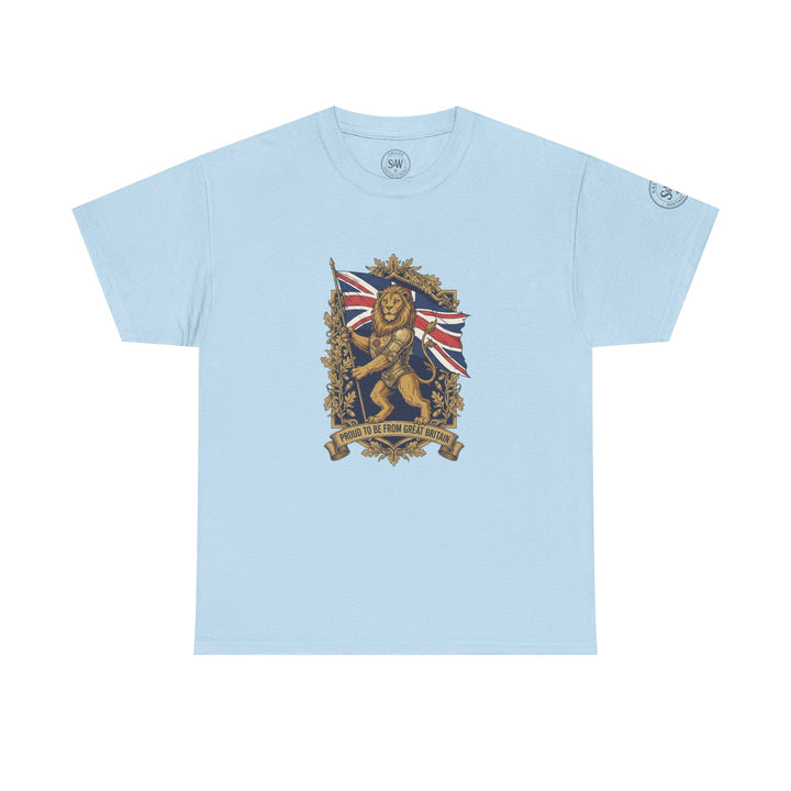 Light blue t-shirt by S&amp;W Gallus featuring a British lion crest graphic on the front.