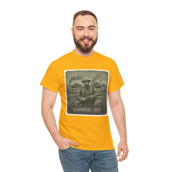 Yellow graphic T-shirt by S&amp;W Gallus featuring a black and white image of a WWI soldier with tanks in the background.