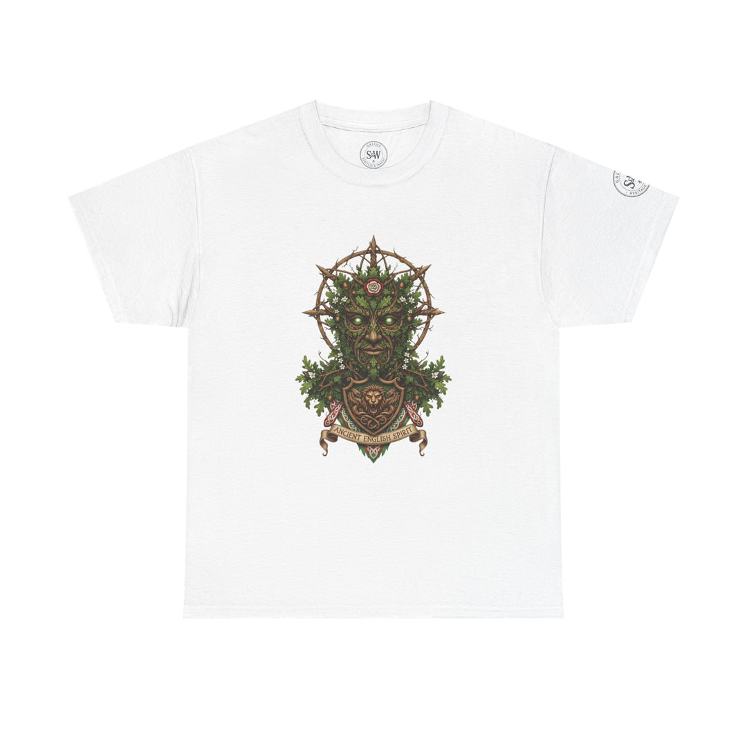 White England Green Man Mythic T-shirt by S&amp;W Gallus, featuring a graphic print of a leafy visage and scroll.
