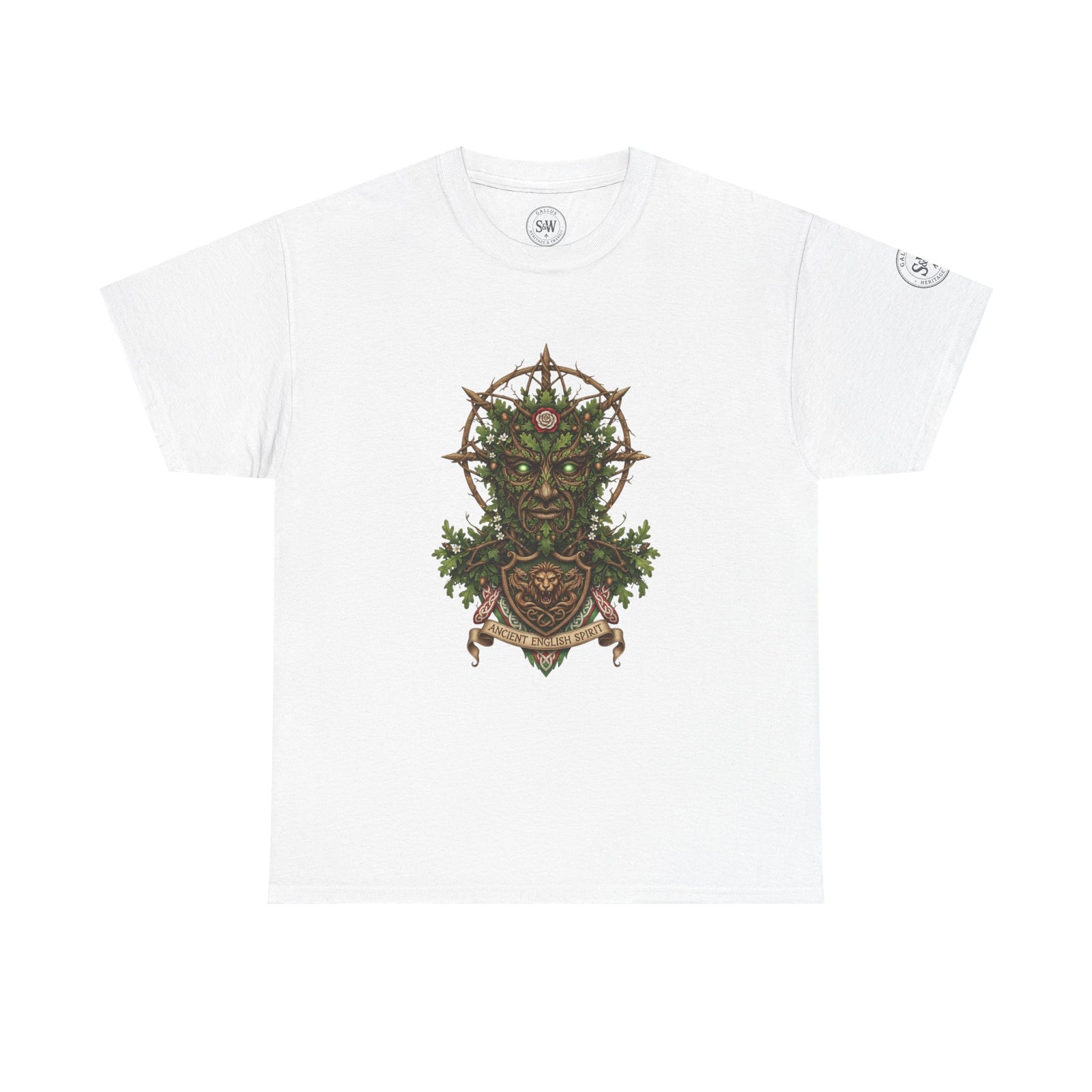 White England Green Man Mythic T-shirt by S&W Gallus, featuring a graphic print of a leafy visage and scroll.
