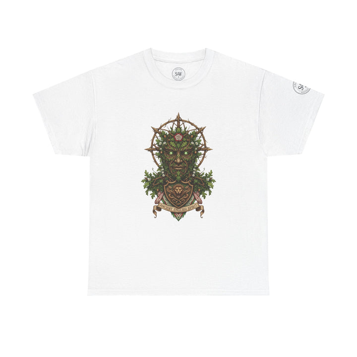 White England Green Man Mythic T-shirt by S&amp;W Gallus, featuring a graphic print of a leafy visage and scroll.
