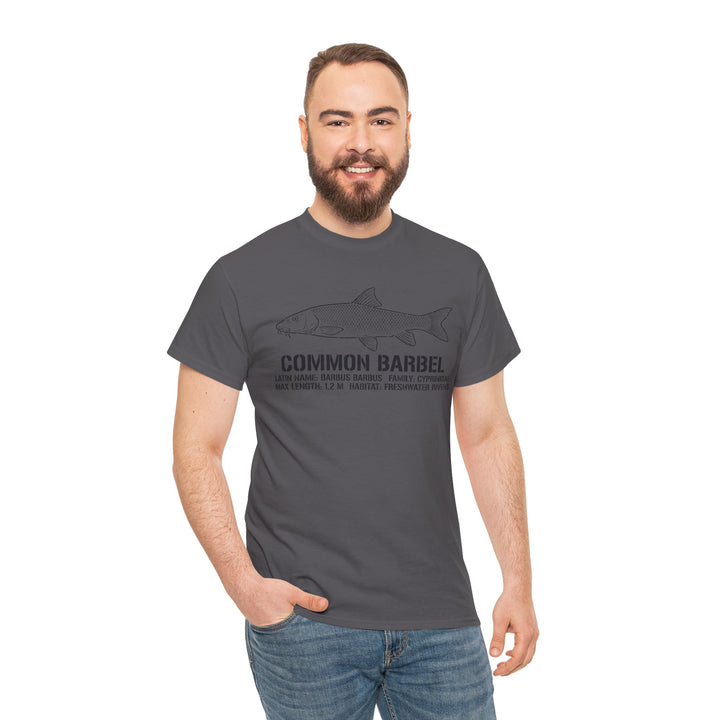 Gray Common Barbel T-shirt by S&amp;W Gallus, featuring an illustrated fish diagram with associated text, worn with jeans.