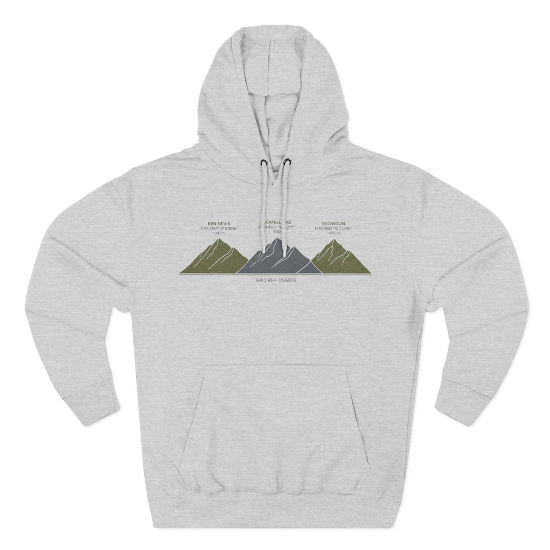 Three Peaks Challenge Graphic Hoodie — Retro UK Mountain Heritage Pullover