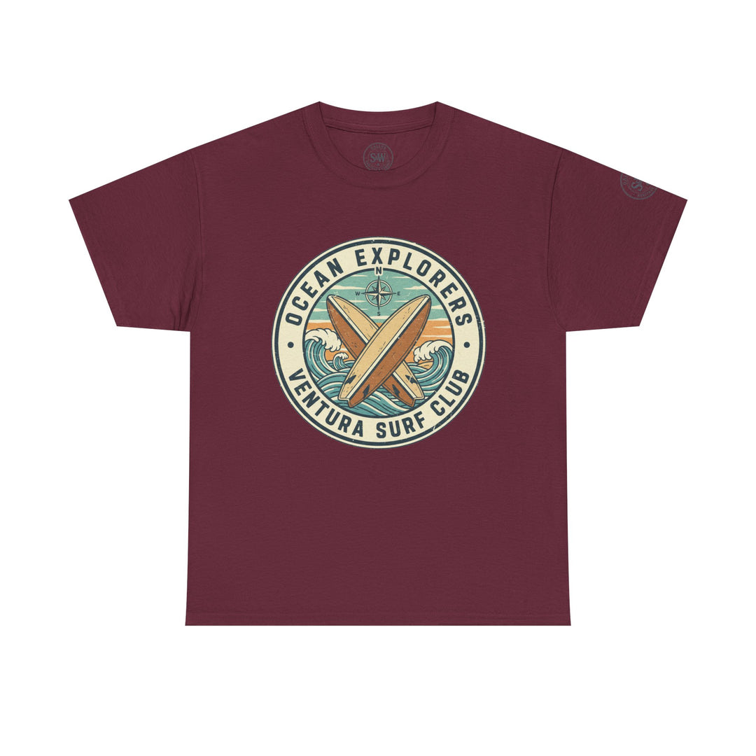 Burgundy t-shirt by S&amp;W Gallus featuring "Ocean Explorers Ventura Surf Club" design with crossed surfboards and waves.