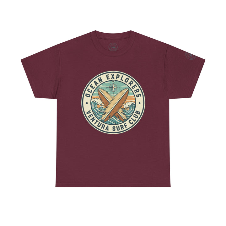 Burgundy t-shirt by S&amp;W Gallus featuring "Ocean Explorers Ventura Surf Club" design with crossed surfboards and waves.