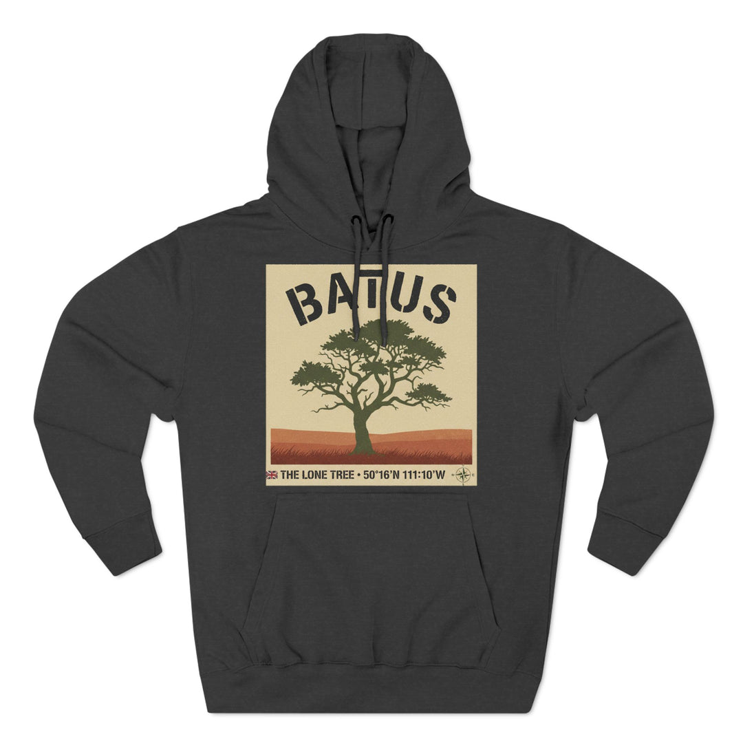 Dark gray graphic hoodie by S&amp;W Gallus featuring a lone tree and geographical coordinates.