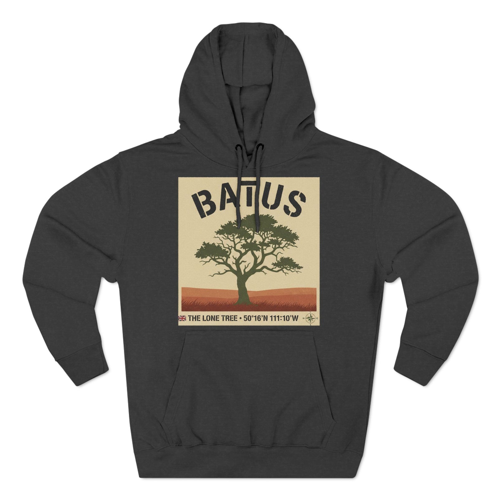 Dark gray graphic hoodie by S&W Gallus featuring a lone tree and geographical coordinates.