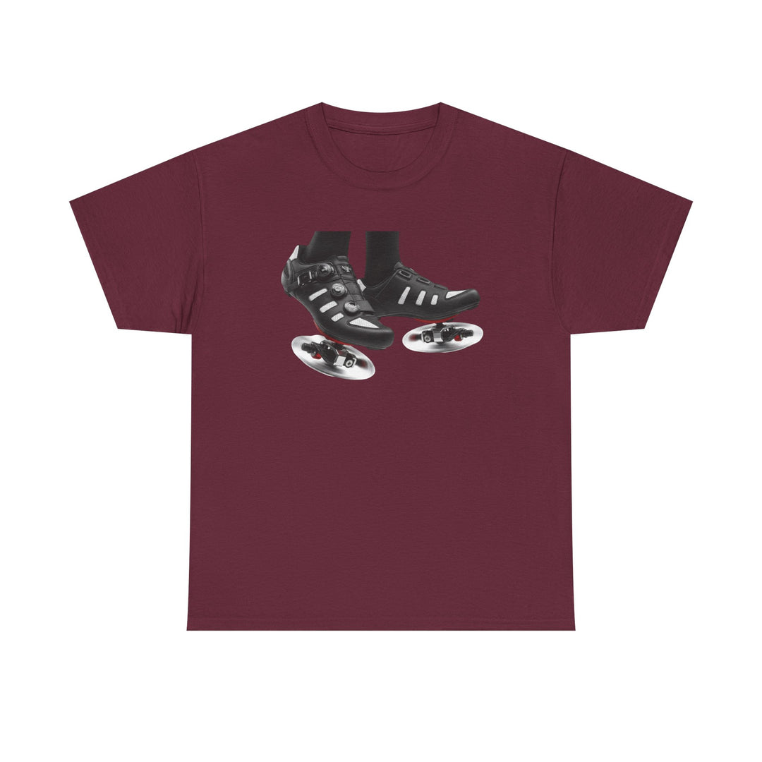 Spin Shoes Tee – soft, breathable cotton featuring a cycling shoes graphic. Perfect for spin classes, indoor workouts, and casual activewear.
