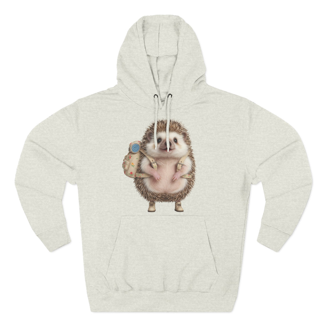 Heathered gray hoodie by S&amp;W Gallus featuring a hedgehog graphic with a backpack and shoes on the front.