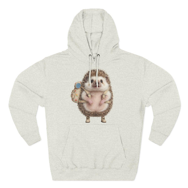 Heathered gray hoodie by S&amp;W Gallus featuring a hedgehog graphic with a backpack and shoes on the front.
