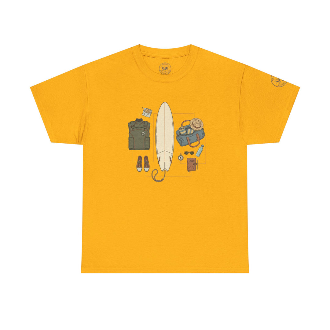 Yellow short-sleeve T-shirt by S&amp;W Gallus, featuring a collection of surfing gear on the front.