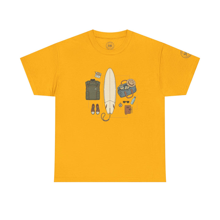 Yellow short-sleeve T-shirt by S&amp;W Gallus, featuring a collection of surfing gear on the front.