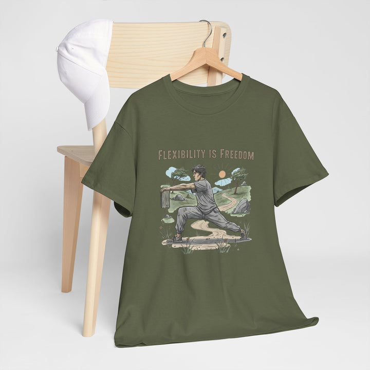 Flexibility Is Freedom Tee – soft, breathable cotton featuring a motivational design. Perfect for yoga, Pilates, stretching, or casual active lifestyle wear.