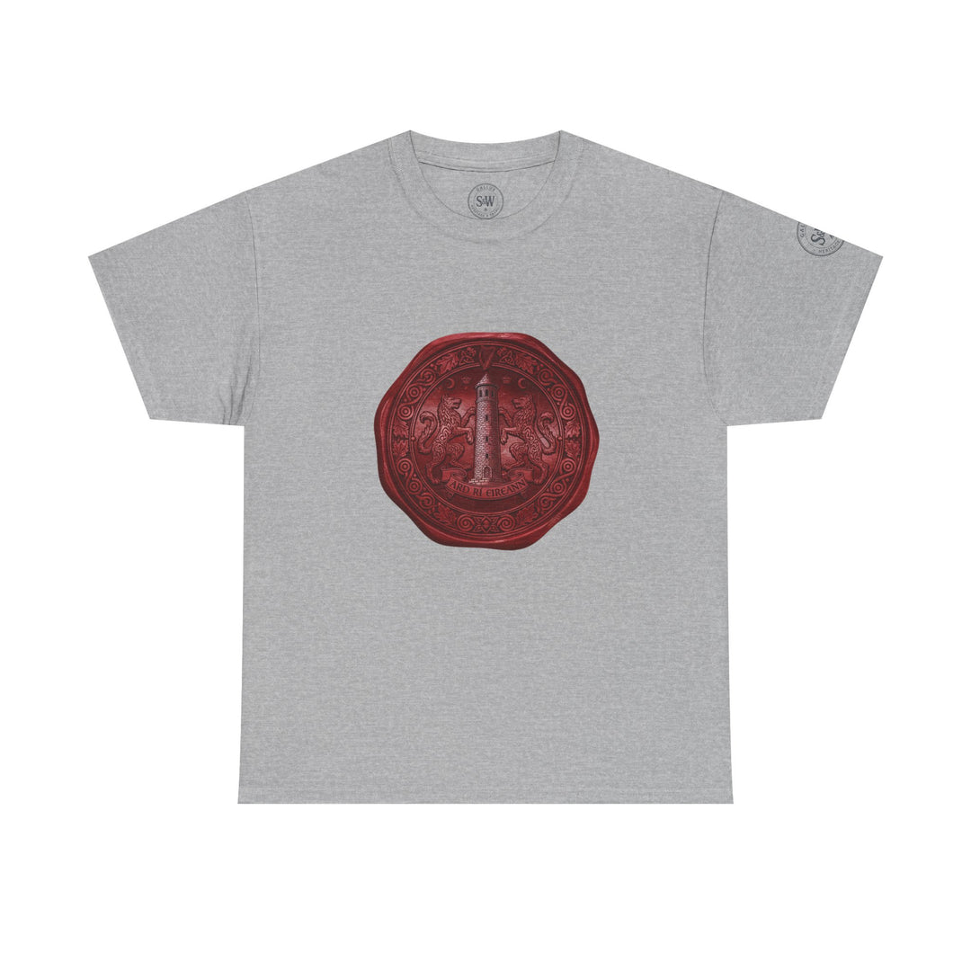 Gray t-shirt by S&amp;W Gallus with a central vintage-style wax seal design.