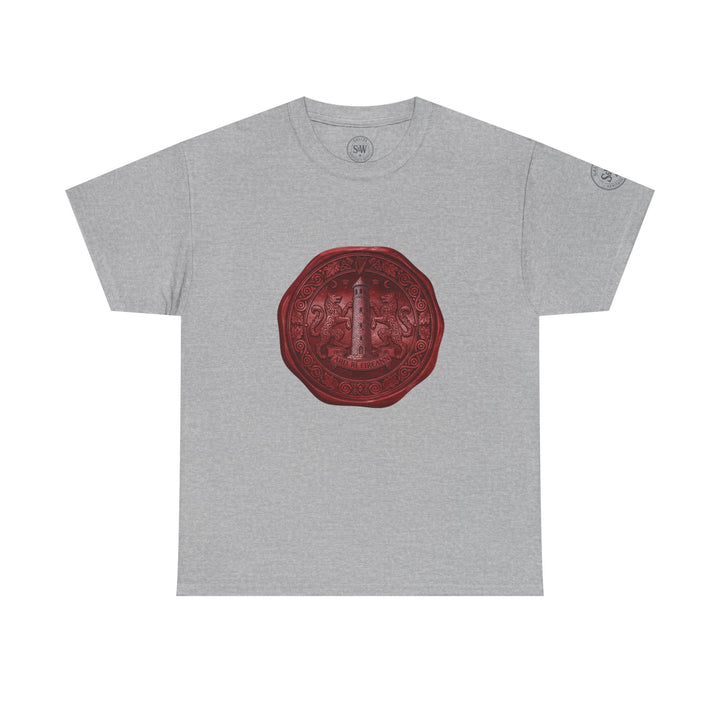 Gray t-shirt by S&amp;W Gallus with a central vintage-style wax seal design.