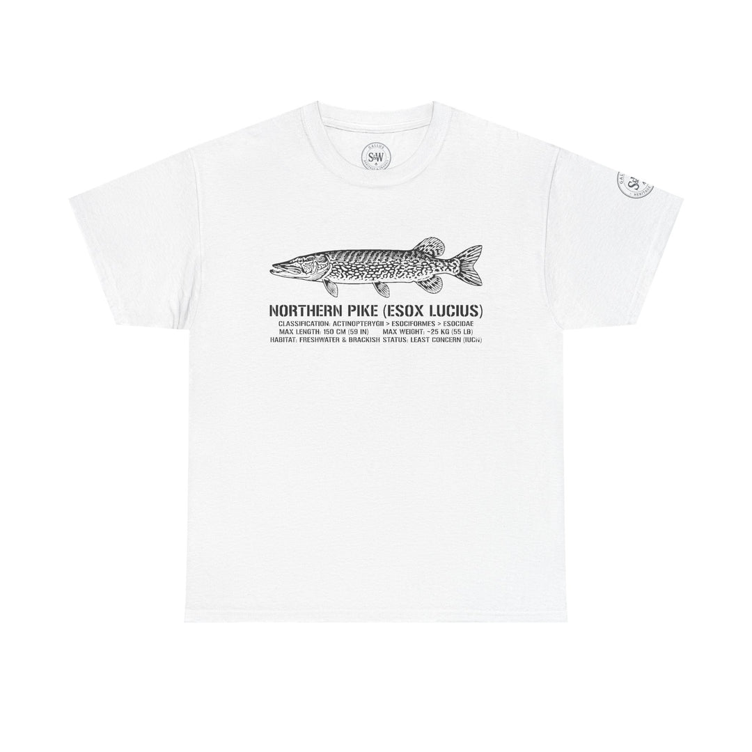White Northern Pike illustration t-shirt by S&amp;W Gallus, featuring a detailed line drawing of a pike with scientific name.
