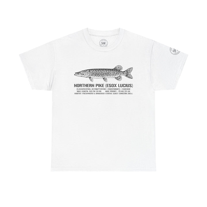 White Northern Pike illustration t-shirt by S&amp;W Gallus, featuring a detailed line drawing of a pike with scientific name.
