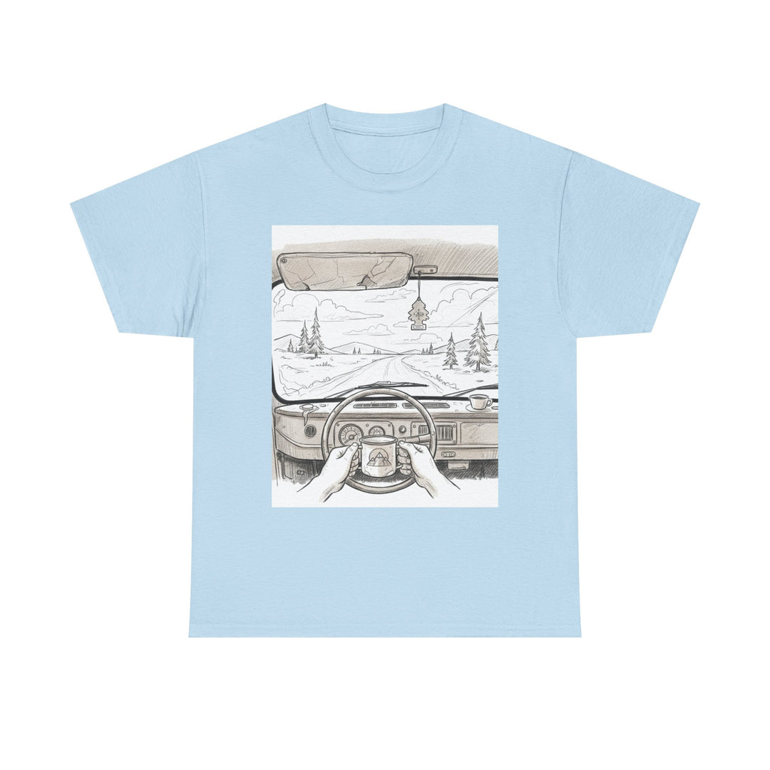 Scenic Drive Van Illustration Tee – soft cotton with a detailed van and landscape design. Perfect for road trips, outdoor adventures, and casual wear.