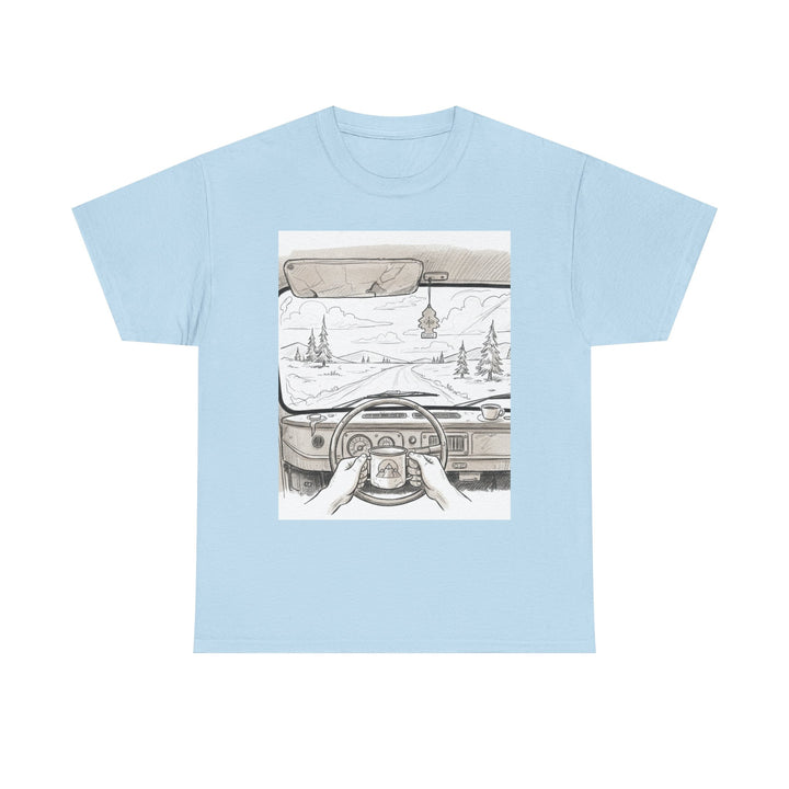 Scenic Drive Van Illustration Tee – soft cotton with a detailed van and landscape design. Perfect for road trips, outdoor adventures, and casual wear.
