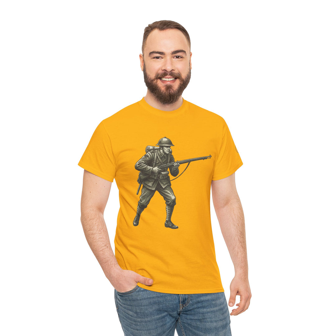 Yellow t-shirt with a vintage WWI soldier graphic by S&amp;W Gallus, worn with jeans by a smiling man.