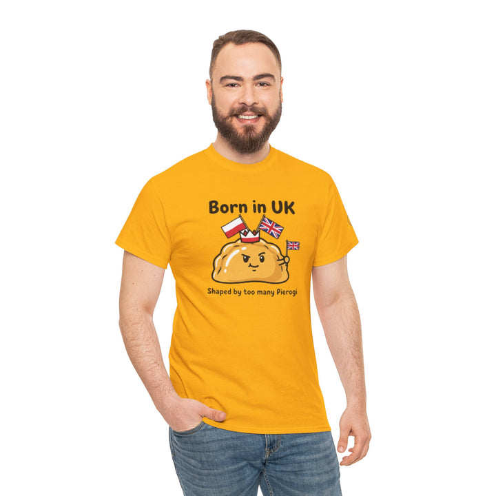 Yellow t-shirt by S&amp;W Gallus featuring a cartoon pierogi with UK and Polish flags, paired with jeans.