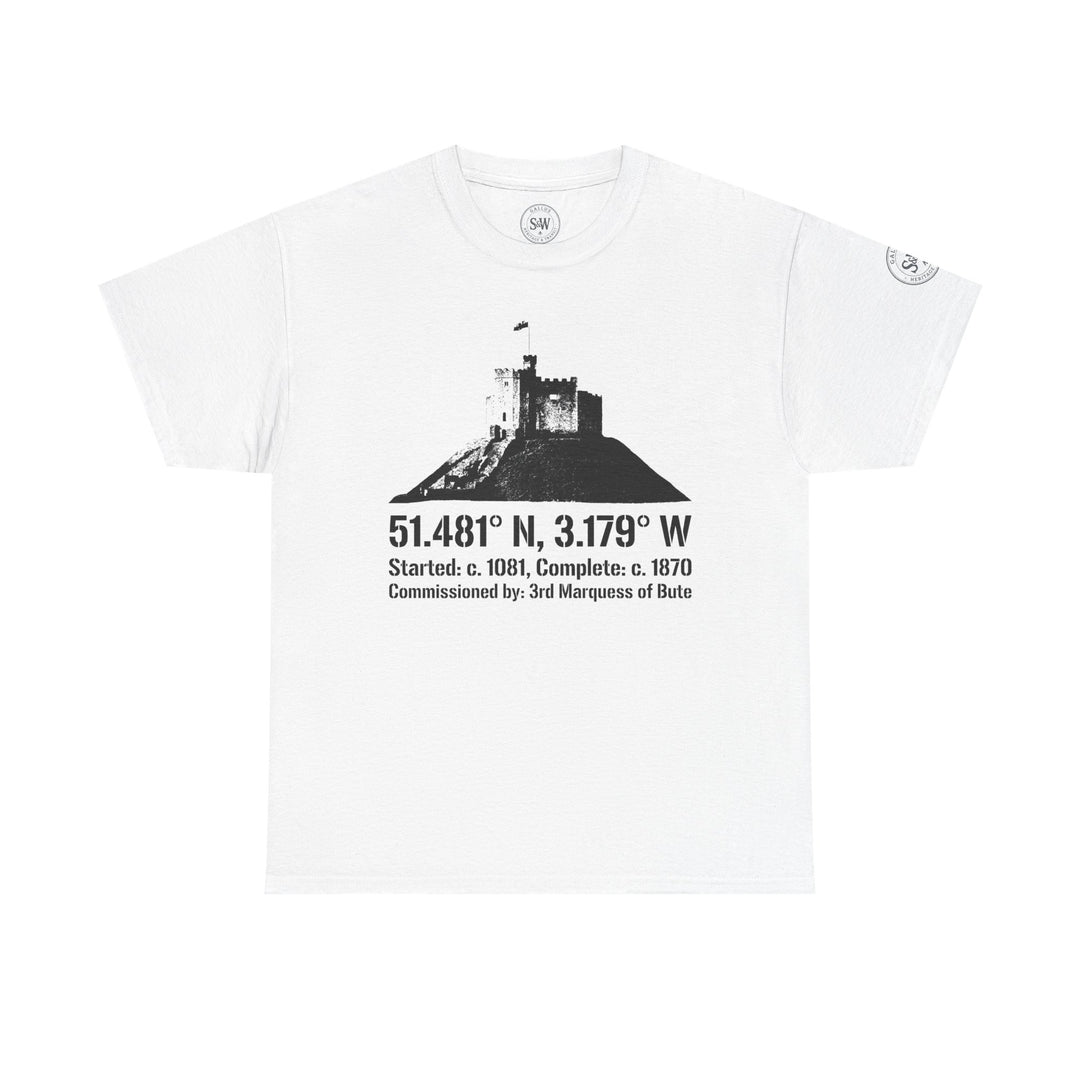 White Cardiff Castle T-shirt by S&amp;W Gallus featuring a vintage landmark graphic and historic coordinates.