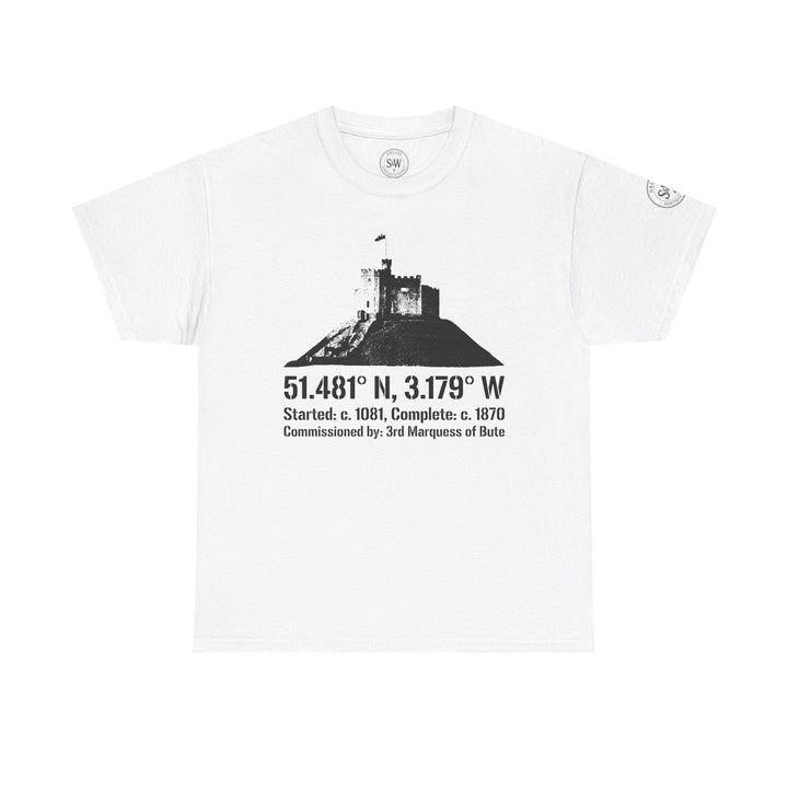 White Cardiff Castle T-shirt by S&amp;W Gallus featuring a vintage landmark graphic and historic coordinates.