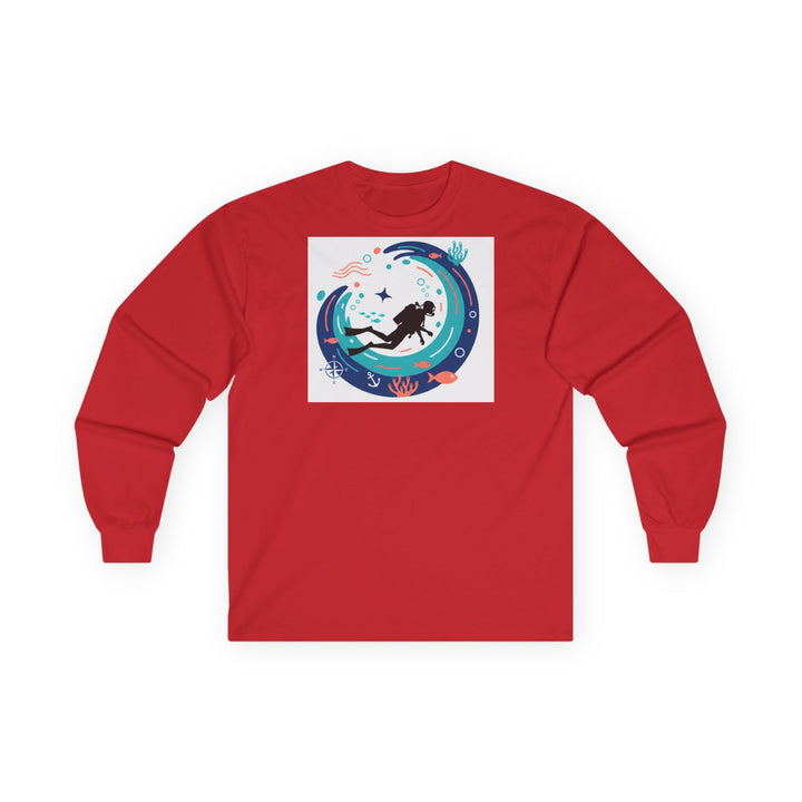 Red long sleeve tee by S&amp;W Gallus featuring a diver in a circular wave with fish and sea life.