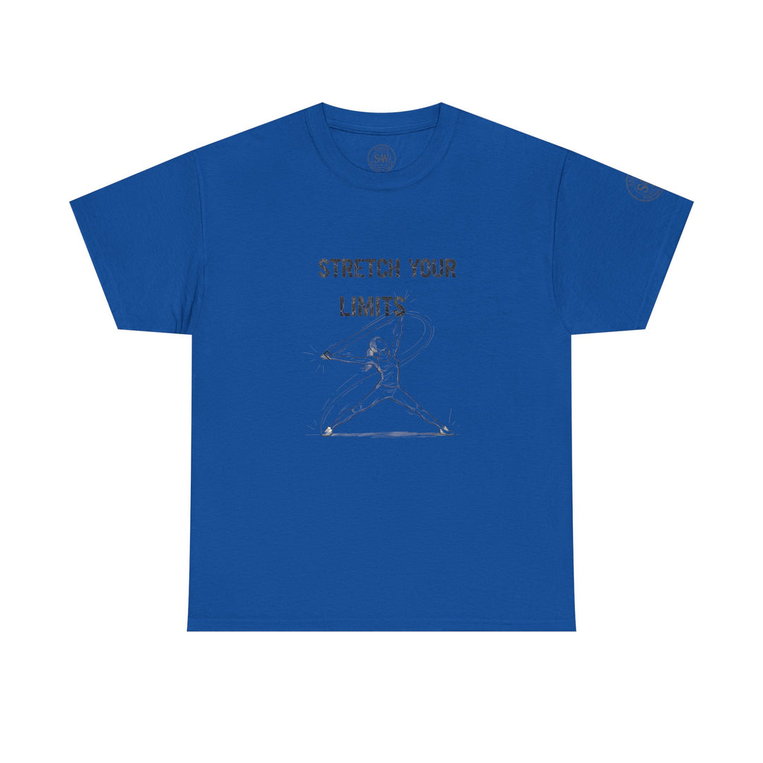 Blue short-sleeve t-shirt by S&amp;W Gallus, featuring a stylized "Stretch Your Limits" text and yoga pose graphic.
