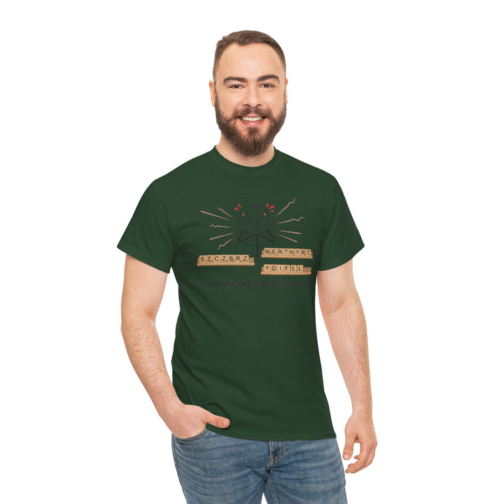 Green Polish language graphic t-shirt by S&amp;W Gallus featuring a text and cartoon design. The shirt is worn with jeans.
