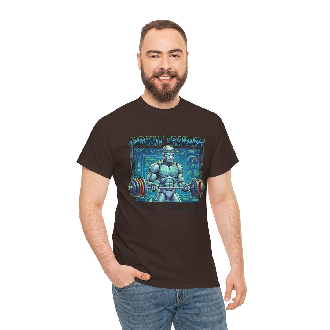 Brown t-shirt by Veteran owned featuring a weightlifting robot design with circuit training text, worn with jeans.