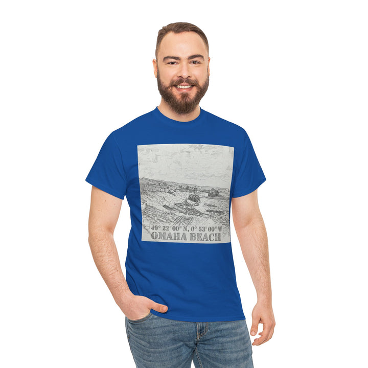 Blue t-shirt by Veteran owned, featuring an Omaha Beach drawing and coordinates, worn with jeans.