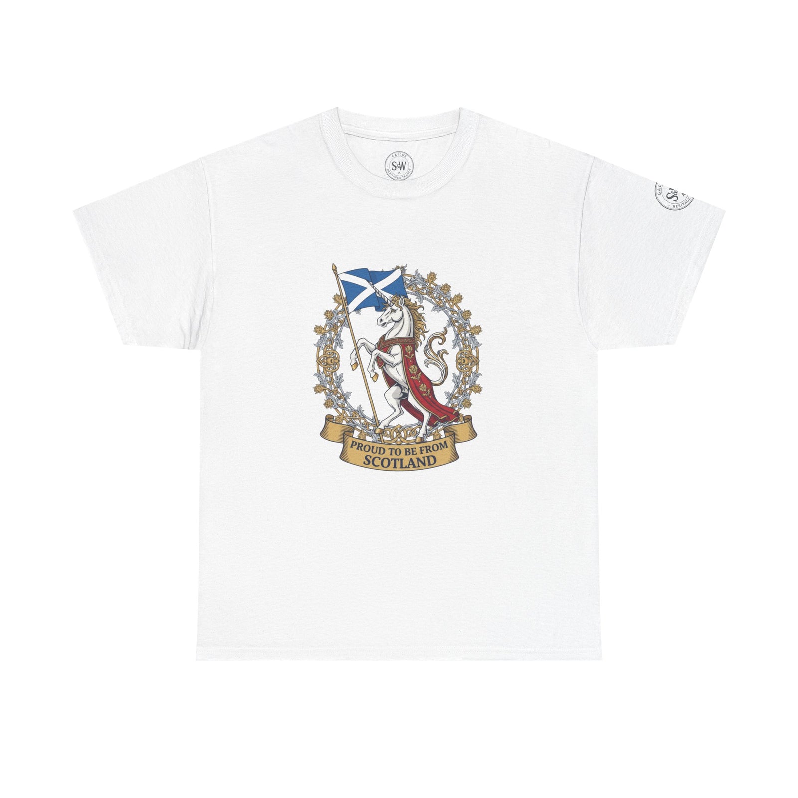 White t-shirt by S&W Gallus with a Scottish unicorn crest graphic on the front.