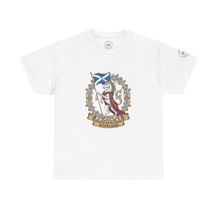 White t-shirt by S&amp;W Gallus with a Scottish unicorn crest graphic on the front.