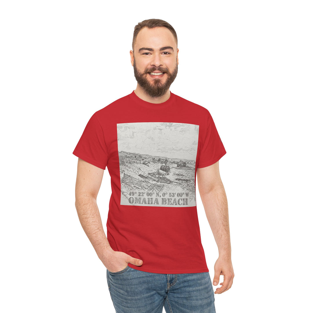Red t-shirt by Veteran owned, featuring an illustration of Omaha Beach with coordinates, styled with jeans.